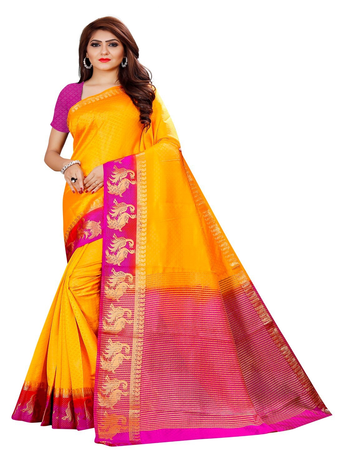 

MOKSHA DESIGNS Gold-Toned & Pink Woven Design Zari Pure Silk Banarasi Saree