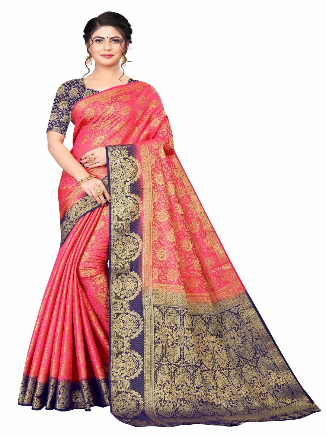 

MOKSHA DESIGNS Pink & Navy Blue Woven Design Zari Pure Silk Banarasi Saree