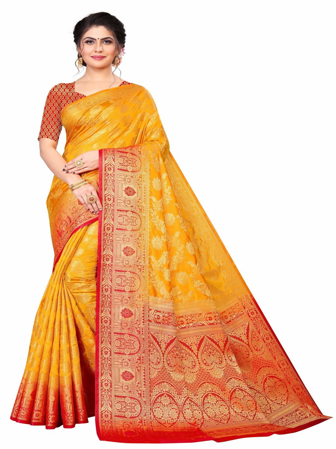 

MOKSHA DESIGNS Mustard & Red Woven Design Zari Pure Silk Banarasi Saree