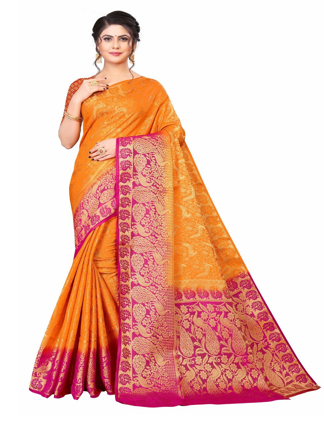 

MOKSHA DESIGNS Gold-Toned & Red Woven Design Zari Pure Silk Banarasi Saree