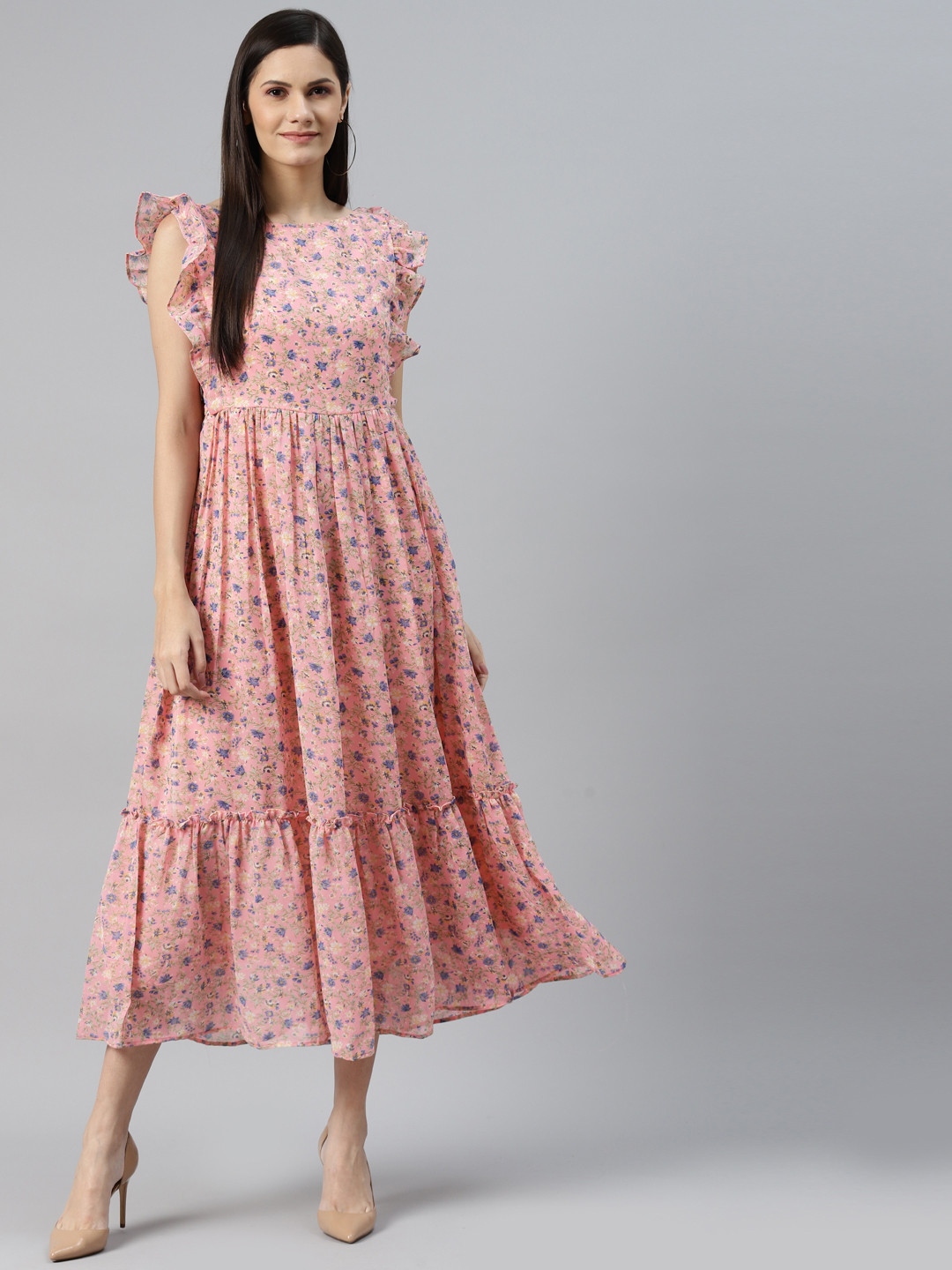 

MBE Pink & Blue Floral Georgette Tiered Maxi Dress