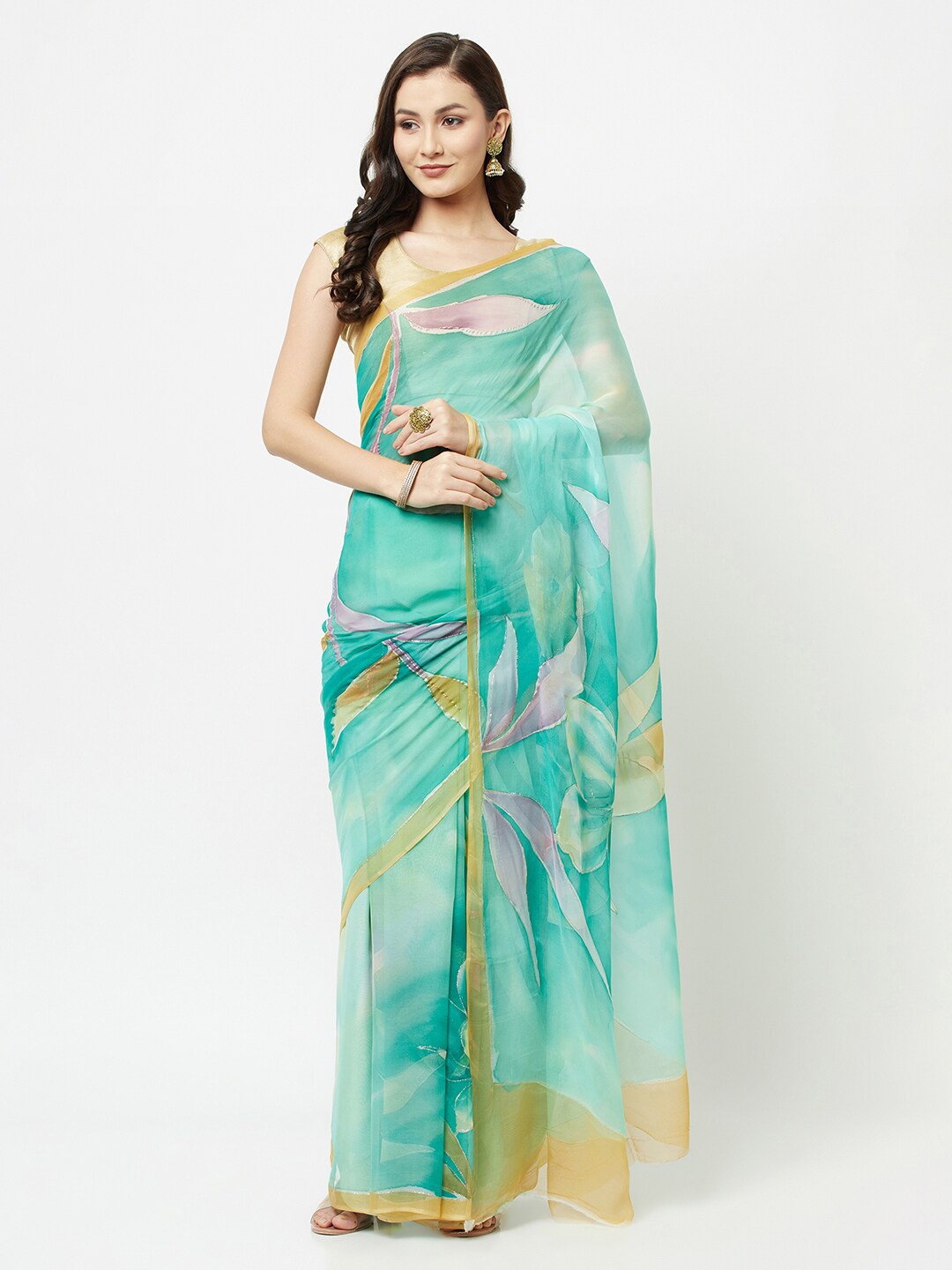 

La Vastraa Green & Pink Floral Zari Pure Chiffon Saree