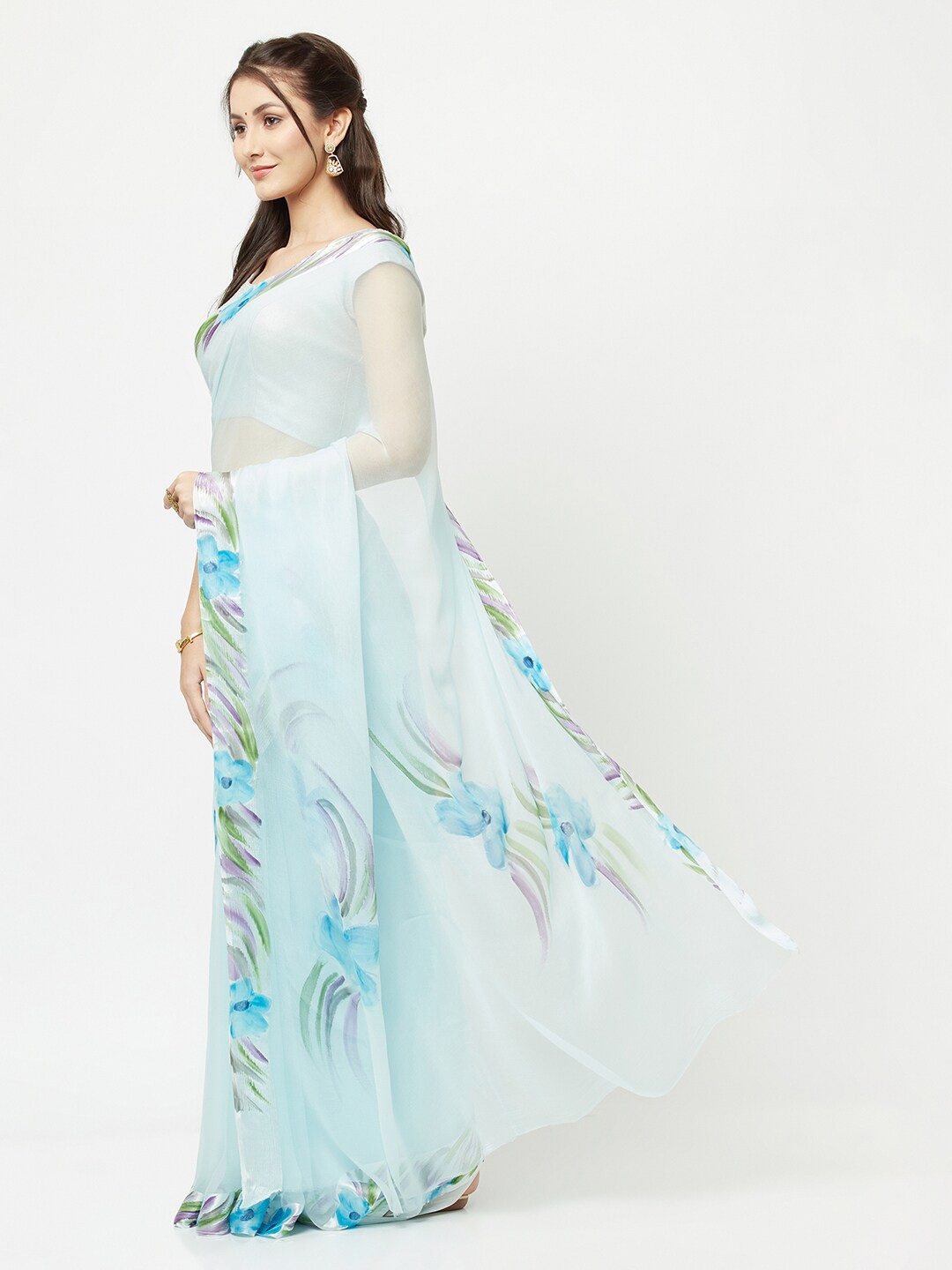 

La Vastraa Blue & Silver Floral Printed Pure Chiffon Saree