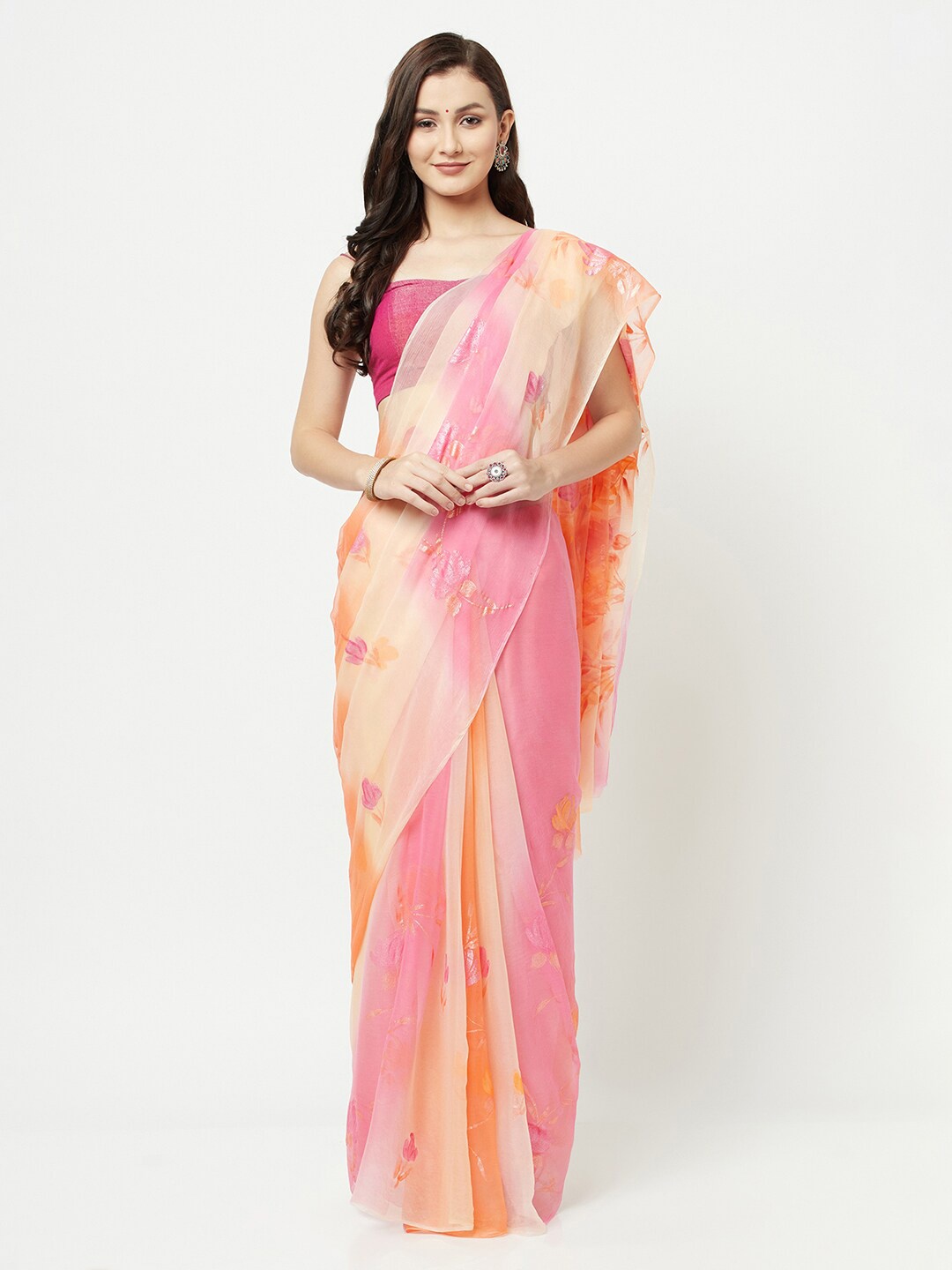 

La Vastraa Orange & Pink Floral Pure Chiffon Ombre Saree