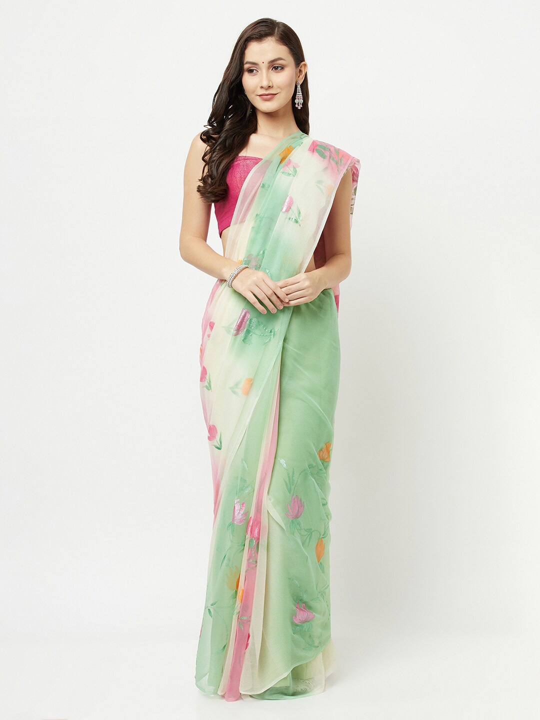 

La Vastraa Green & Orange Ombre Pure Chiffon Saree