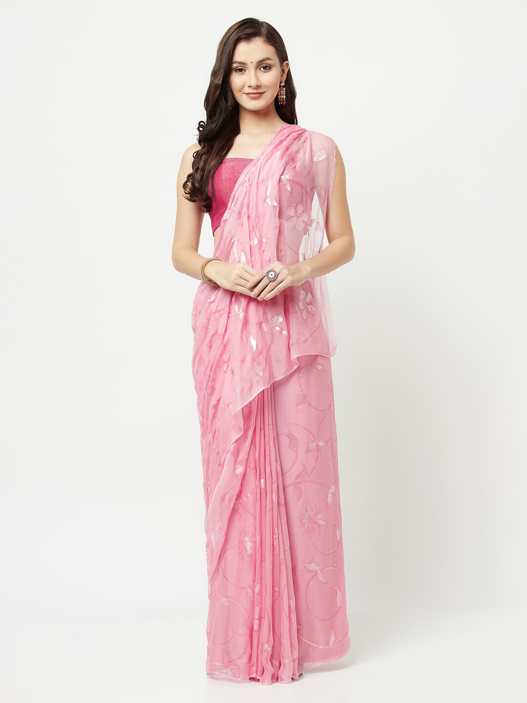 

La Vastraa Pink Floral Pure Chiffon Saree