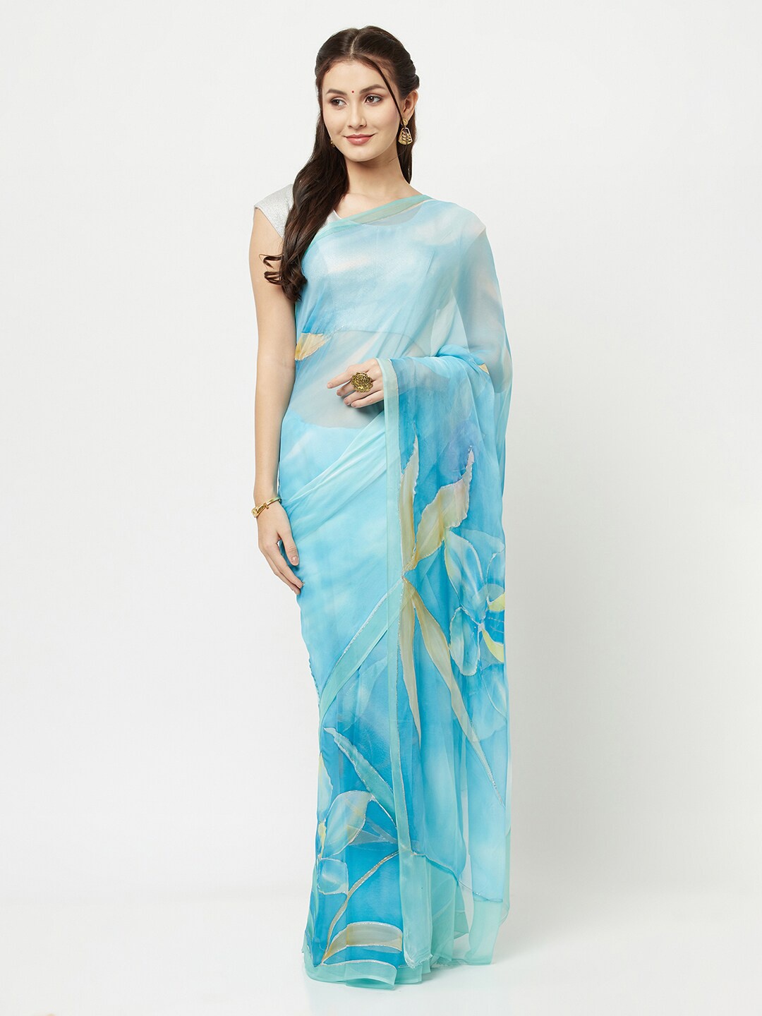 

La Vastraa Blue Floral Silver Detail Pure Chiffon Saree