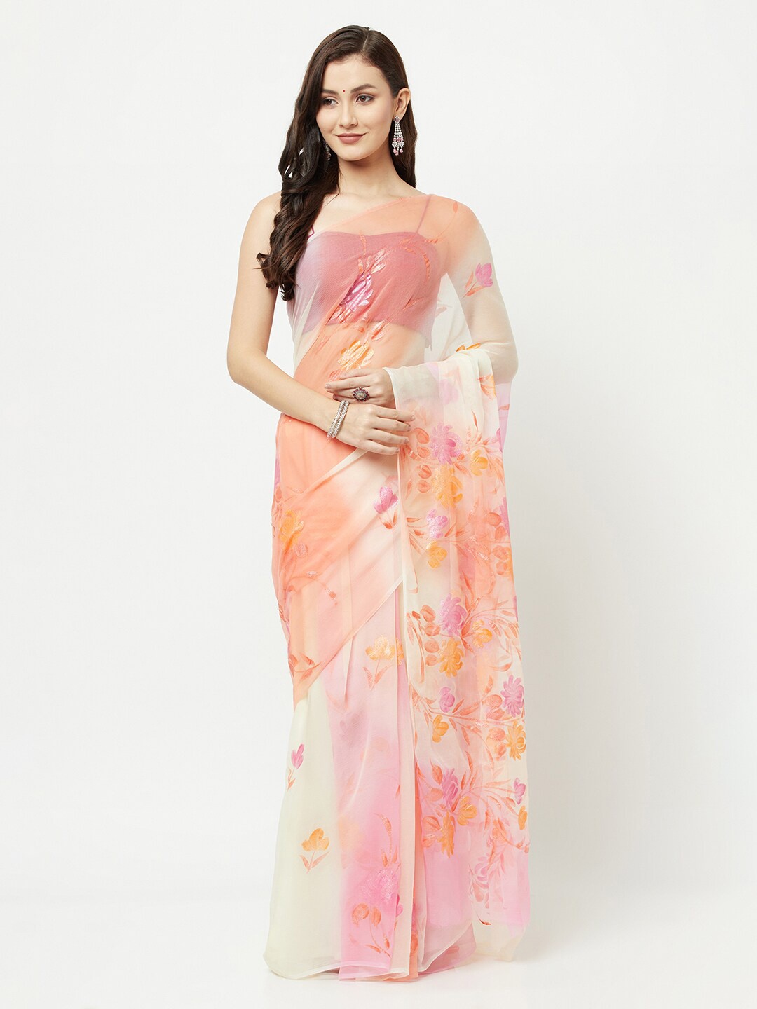 

La Vastraa Orange & Pink Floral Pure Chiffon Saree