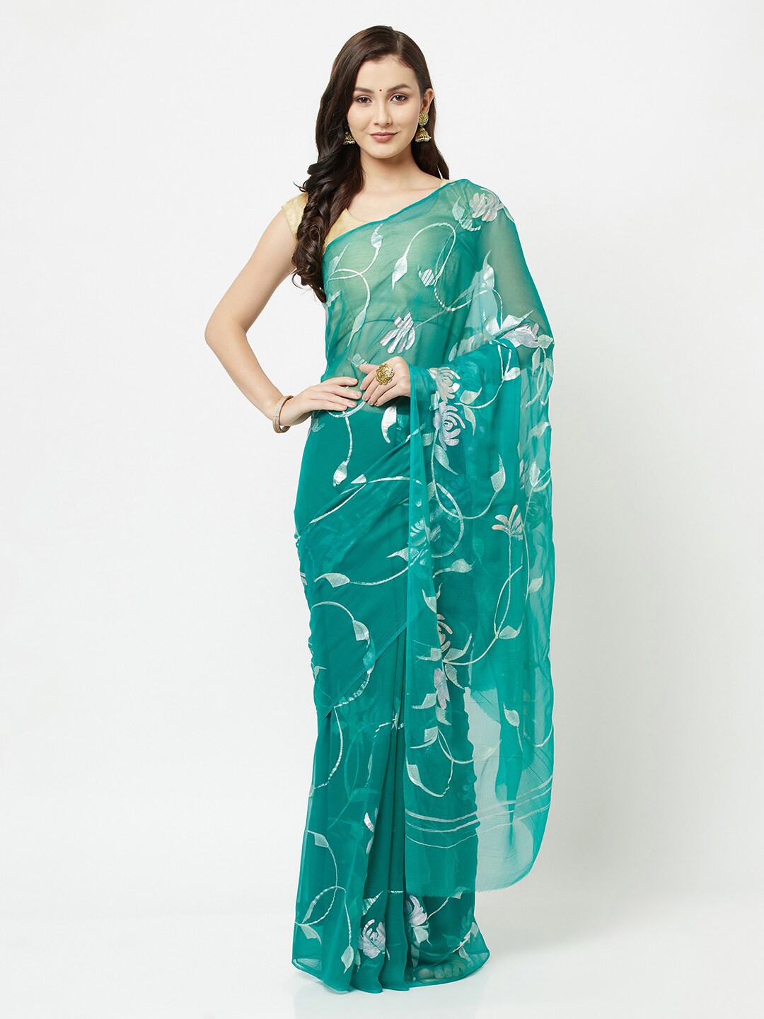 

La Vastraa Green & White Floral Pure Chiffon Saree