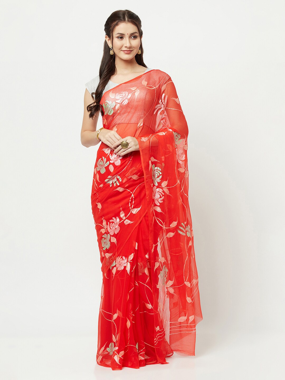 

La Vastraa Red & Silver-Toned Floral Hand Painted Chiffon Saree