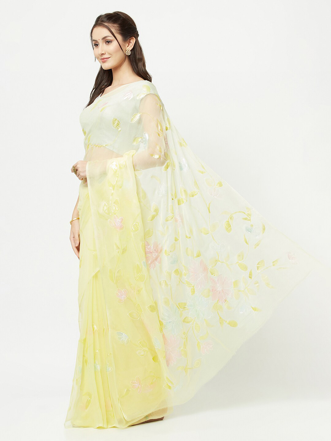 

La Vastraa Yellow Floral Pure Chiffon Saree