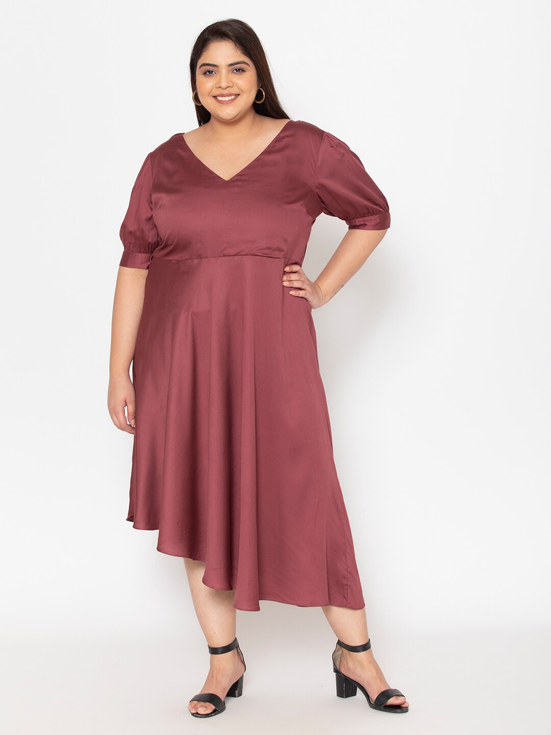 

Womauraa Burgundy Satin Midi Dress