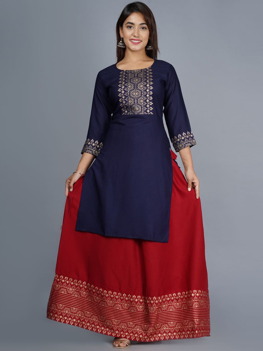 

FABISTA Women Blue & Red Yoke Design Printed Kurta with Skirt