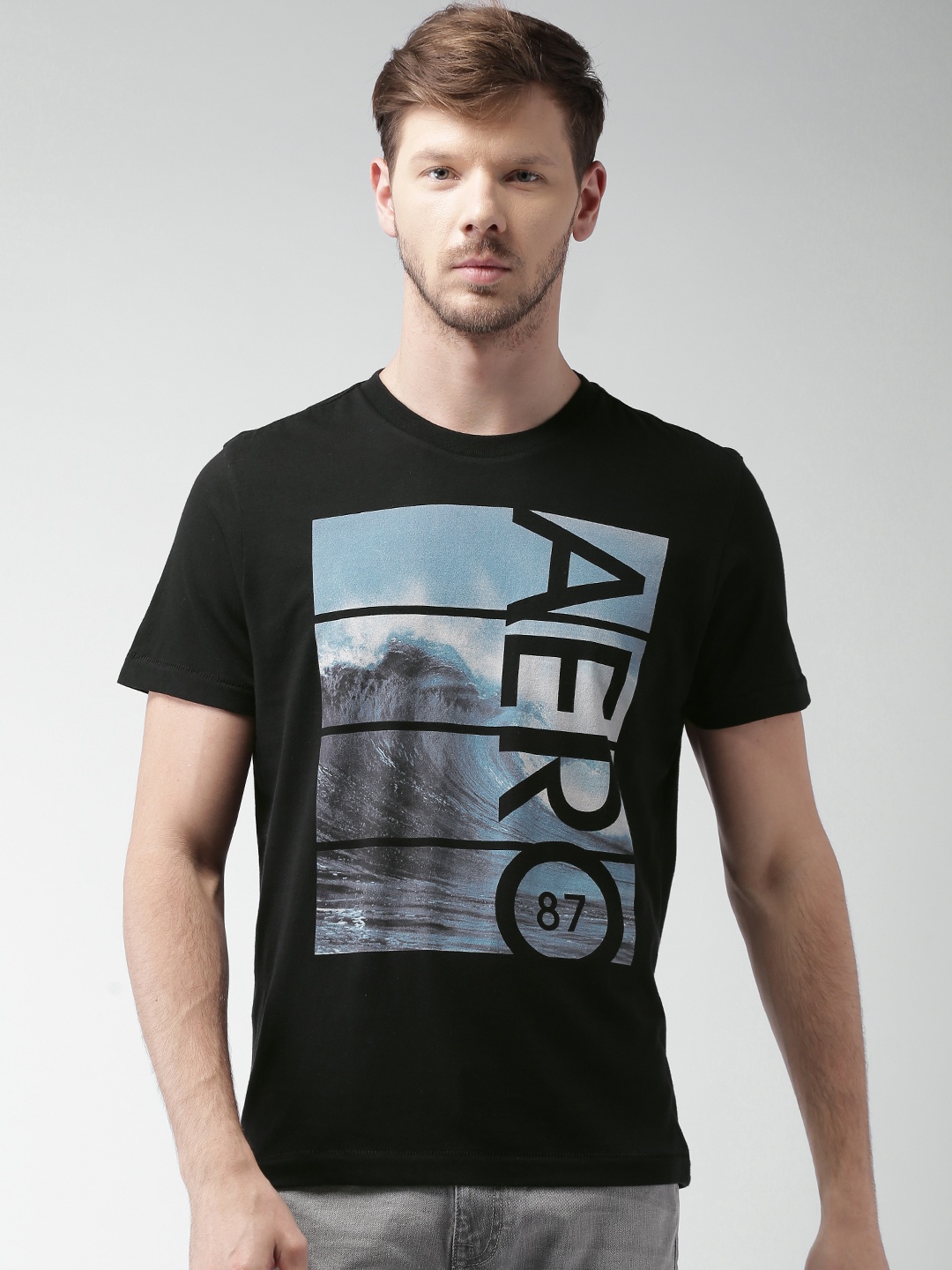 

Aeropostale Men Black Printed Round Neck Pure Cotton T-shirt