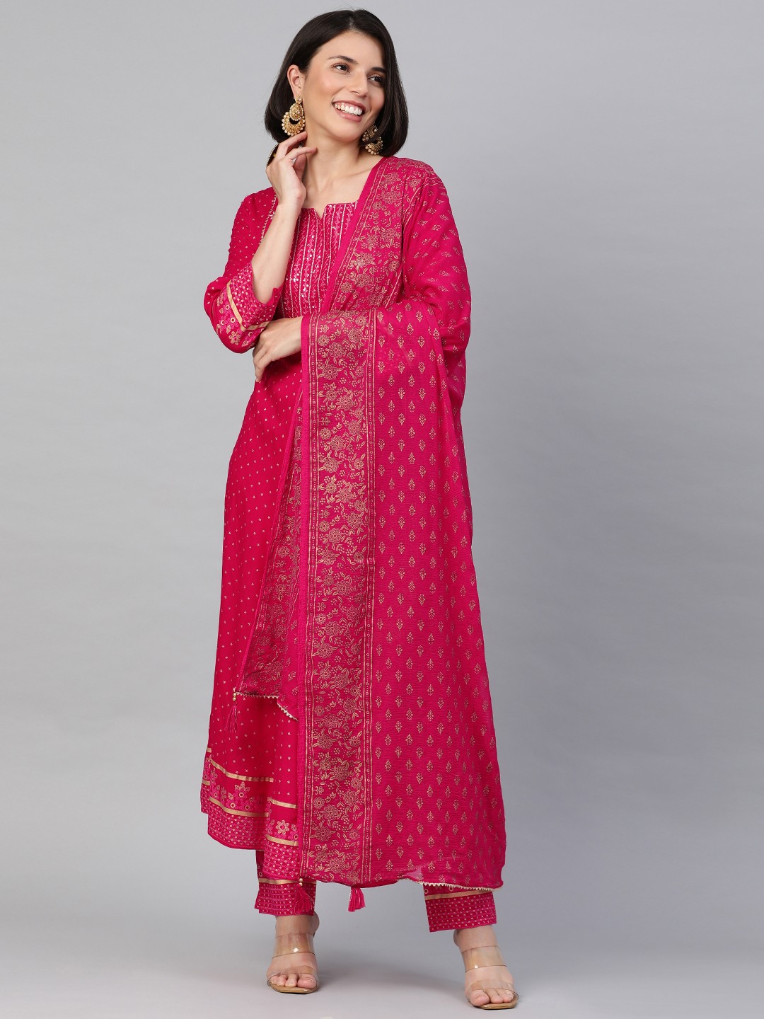 

Rani Saahiba Women Magenta Ethnic Motifs Embroidered Sequinned Kurta with Trousers & With Dupatta