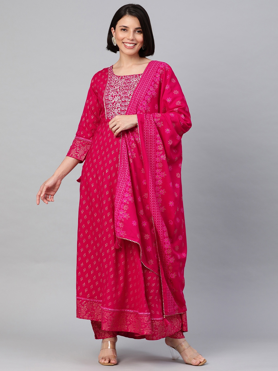 

Rani Saahiba Women Pink Ethnic Motifs Embroidered Sequinned Kurta with Trousers & With Dupatta