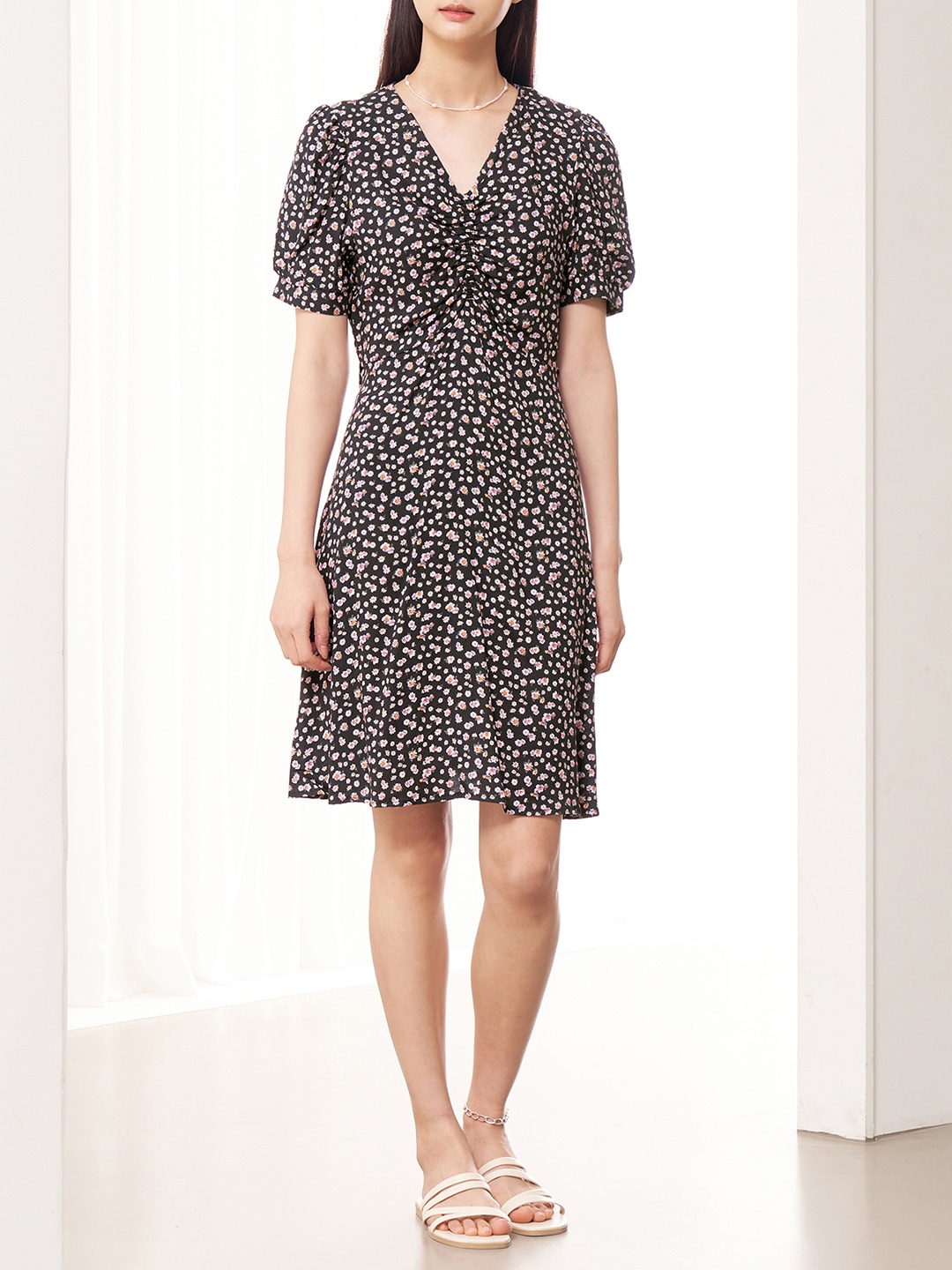 

8seconds Black & Lavender Floral Printed A-Line Dress