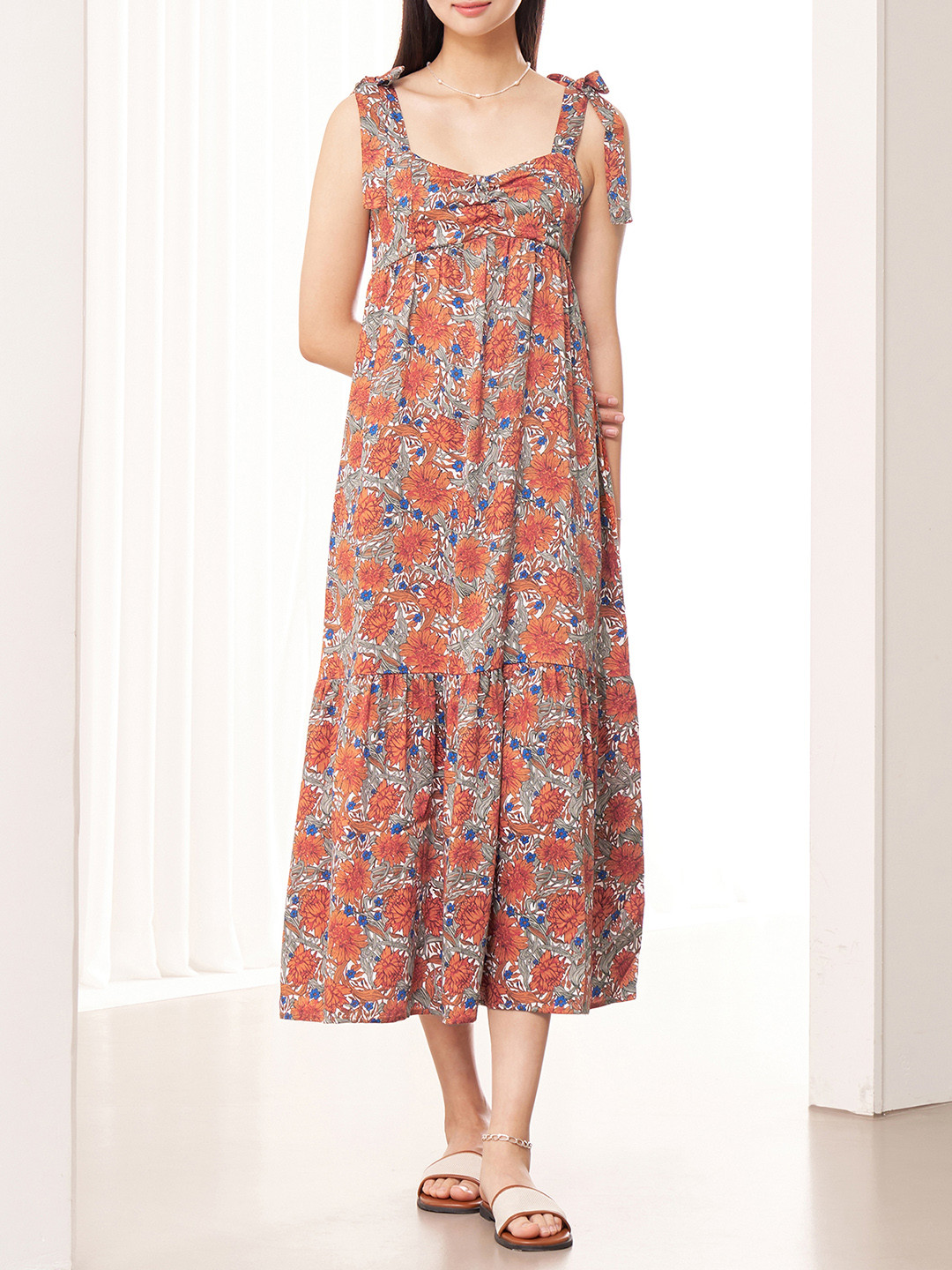 

8seconds Orange & Navy Blue Floral Print A-Line Midi Dress