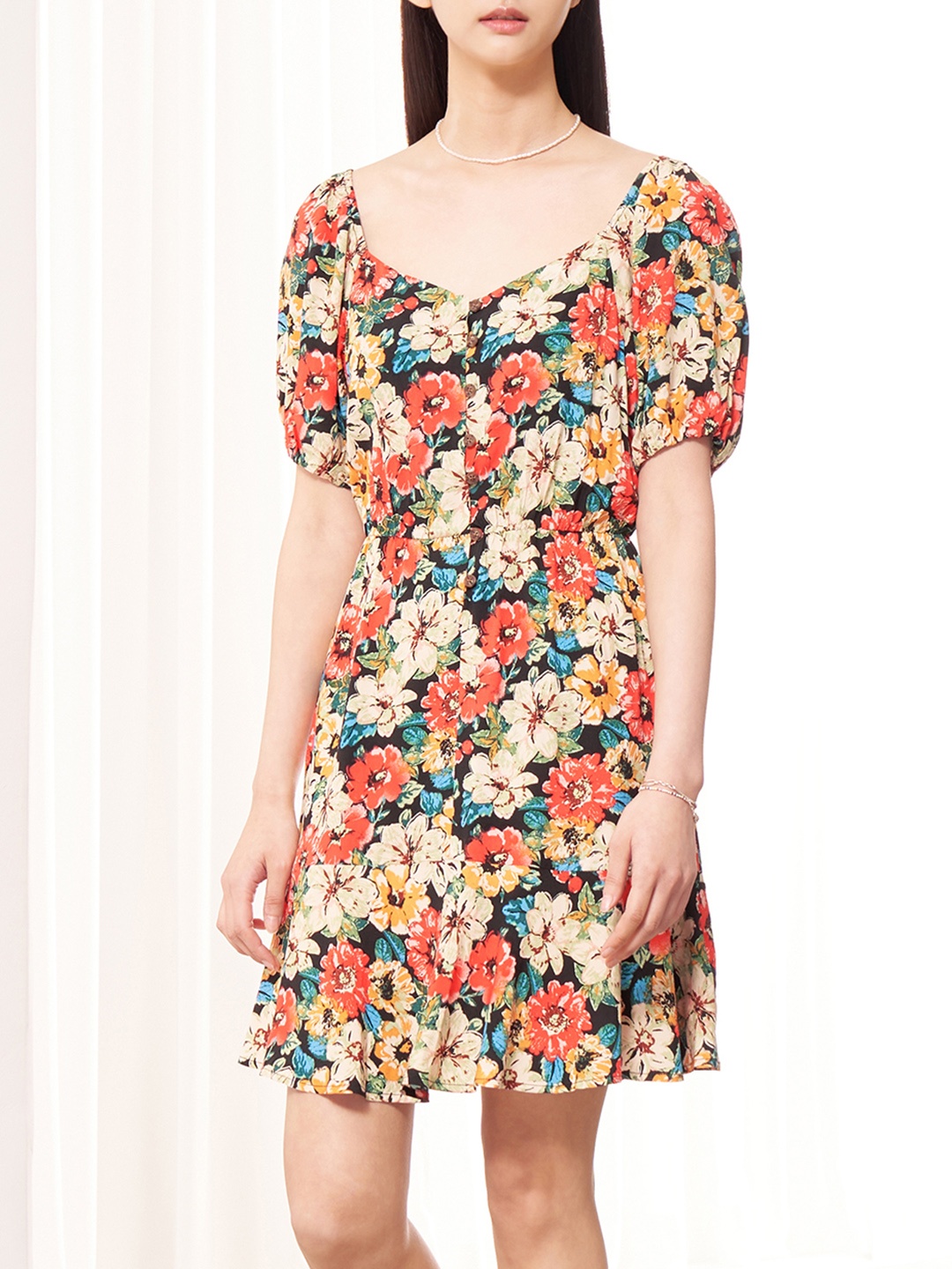

8seconds Black & Beige Floral Print A-Line Dress