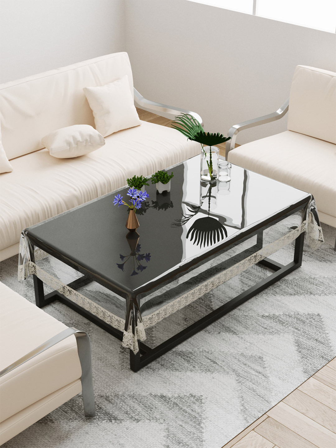 

DREAM WEAVERZ Transparent Solid Centre Table Cover With Stitched White Border