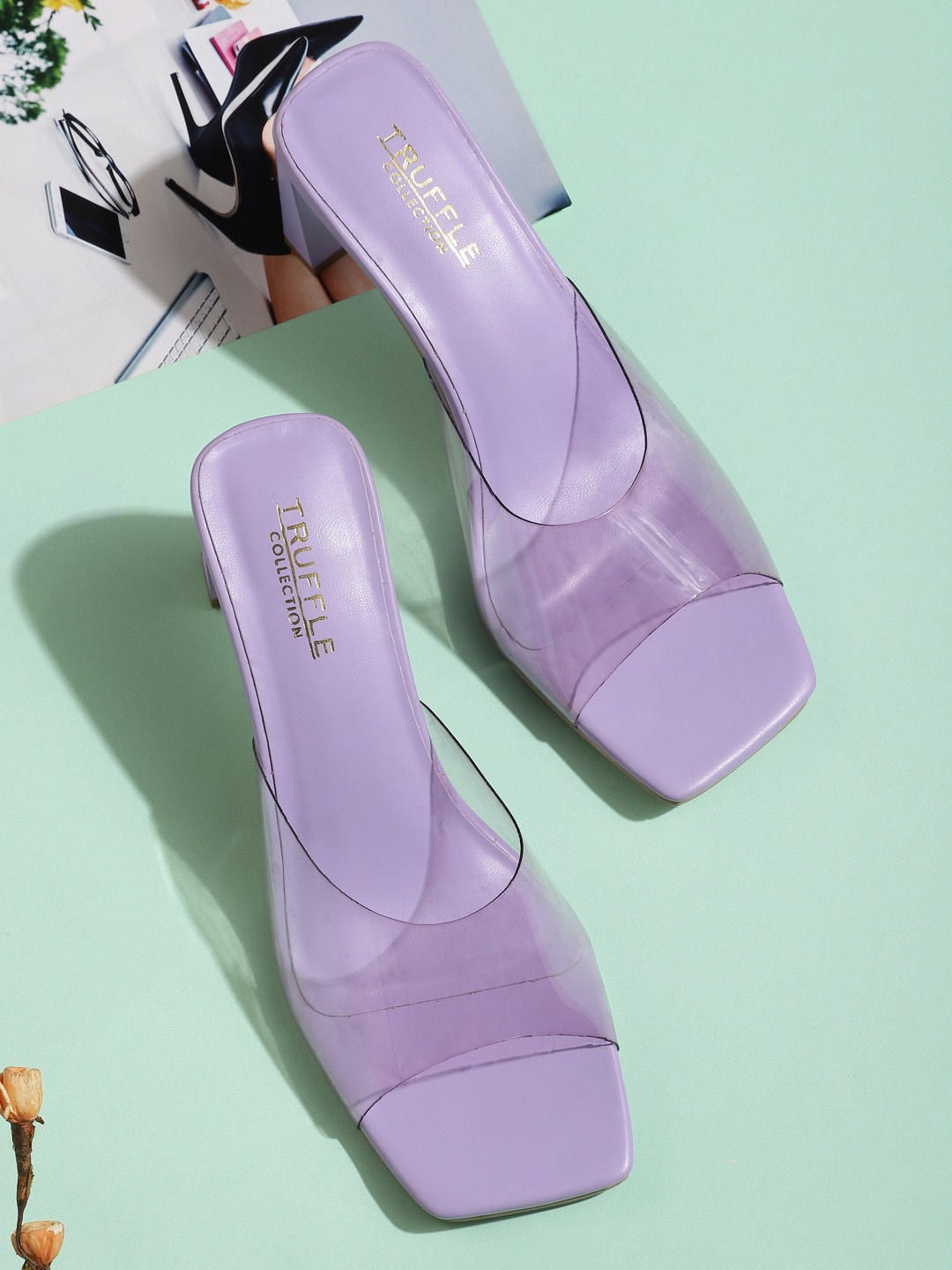 

Truffle Collection Women Purple Textured PU Block Sandals with Bows