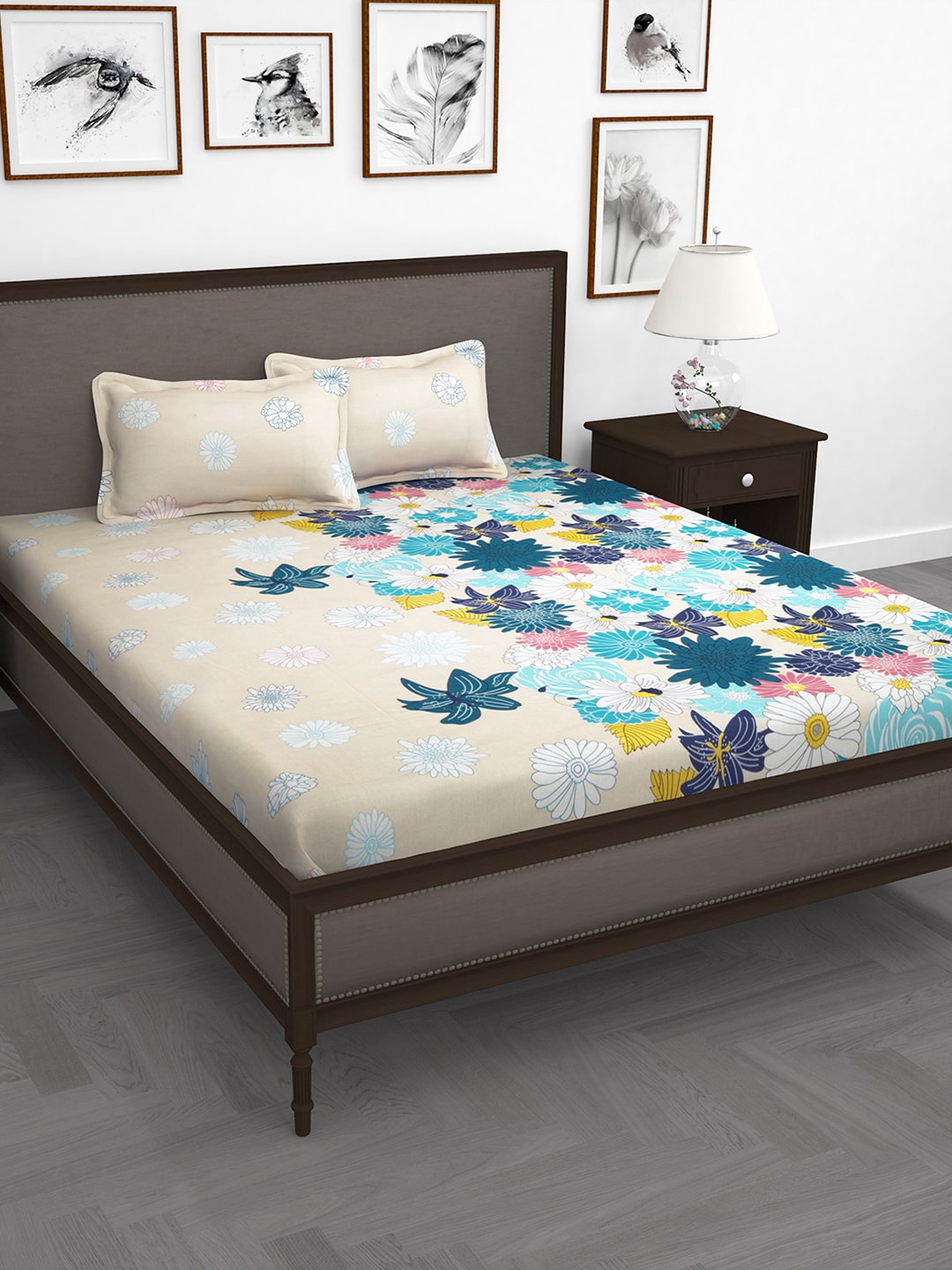 

Story@home Cream-Coloured Blue Floral 210 TC King Bedsheet with 2 Pillow Covers