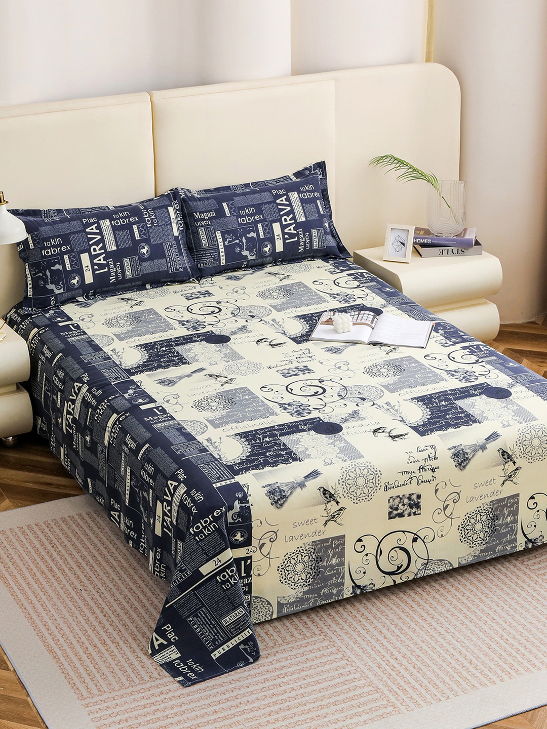 

Story@home Blue Off White Conversational 210 TC King Bedsheet with 2 Pillow Covers