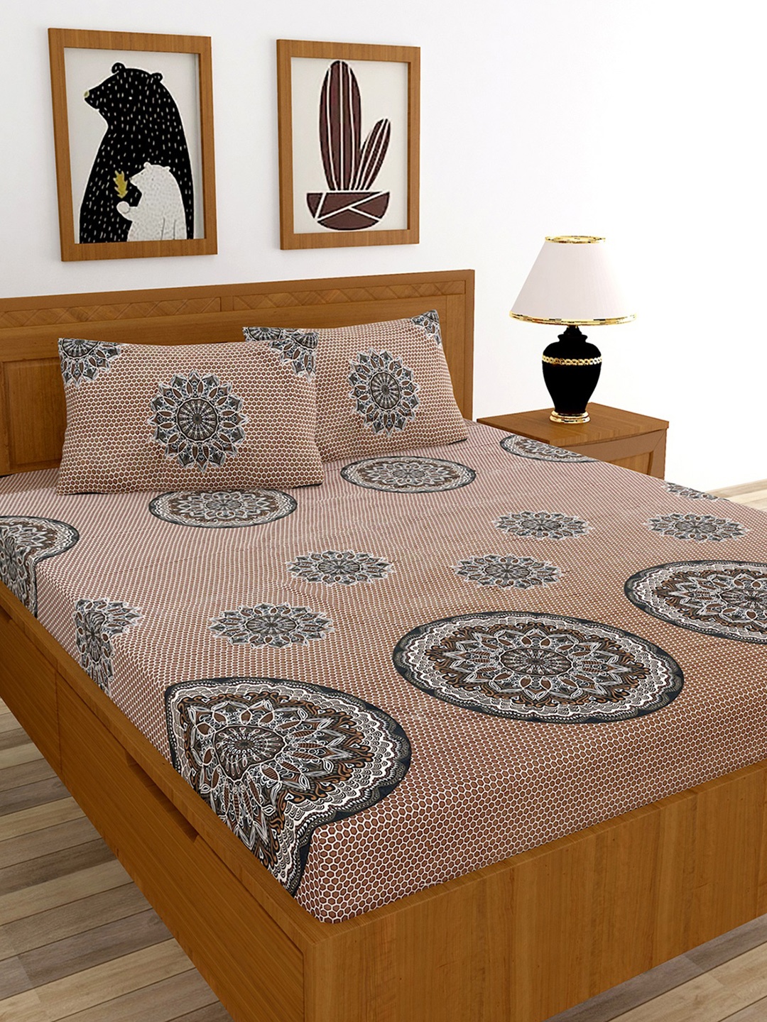 

MORADO Brown & Grey Floral 210 TC Queen Bedsheet with 2 Pillow Covers