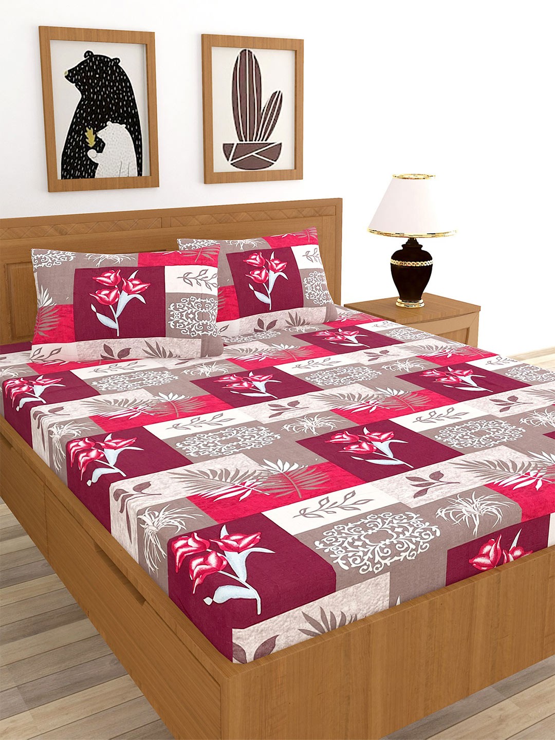 

MORADO Unisex Maroon & Cream-Coloured Floral 210 TC Queen Bedsheet with 2 Pillow Covers