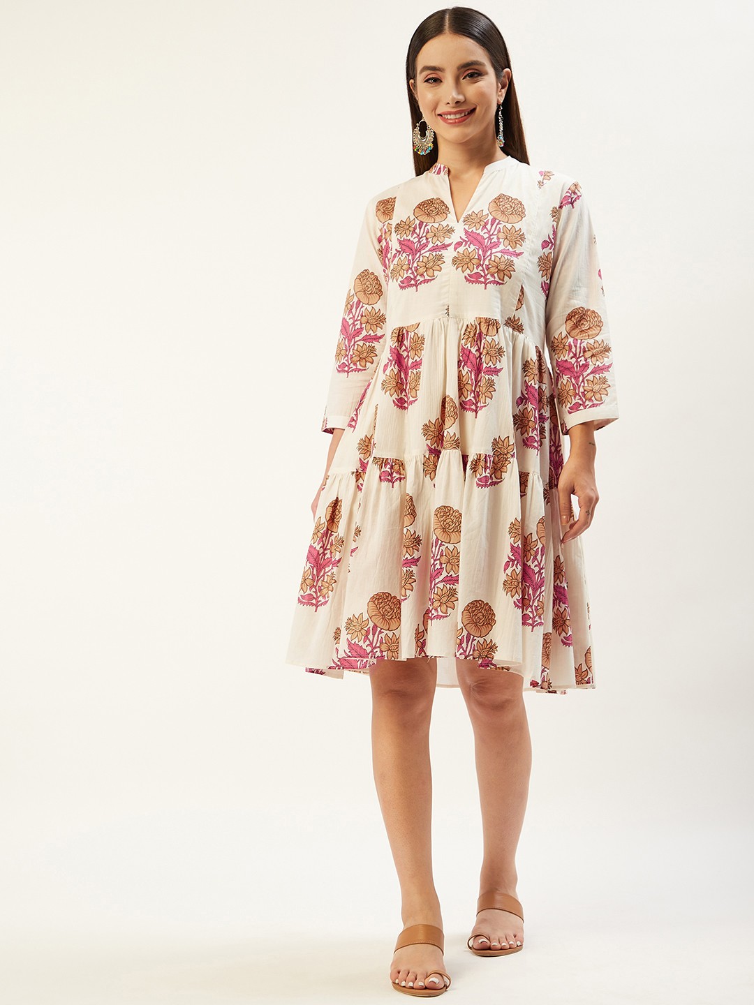 

Jaipur Morni Women Cream-Coloured & Pink Ethnic Motifs Printed Pure Cotton A-Line Dress