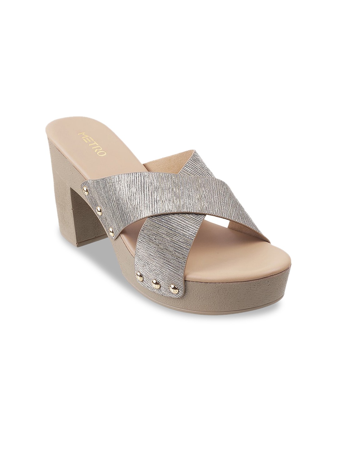 

Metro women's Camel Brown & Silver-Toned Printed Block Sandals