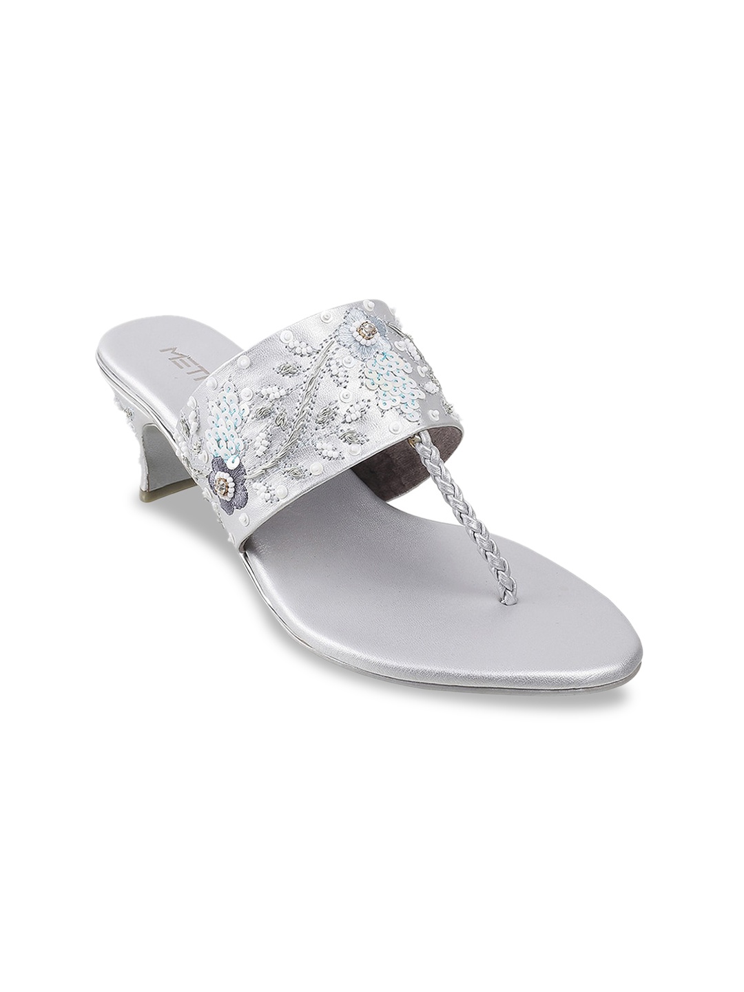 

Metro Silver-Toned Embellished Kitten Sandals
