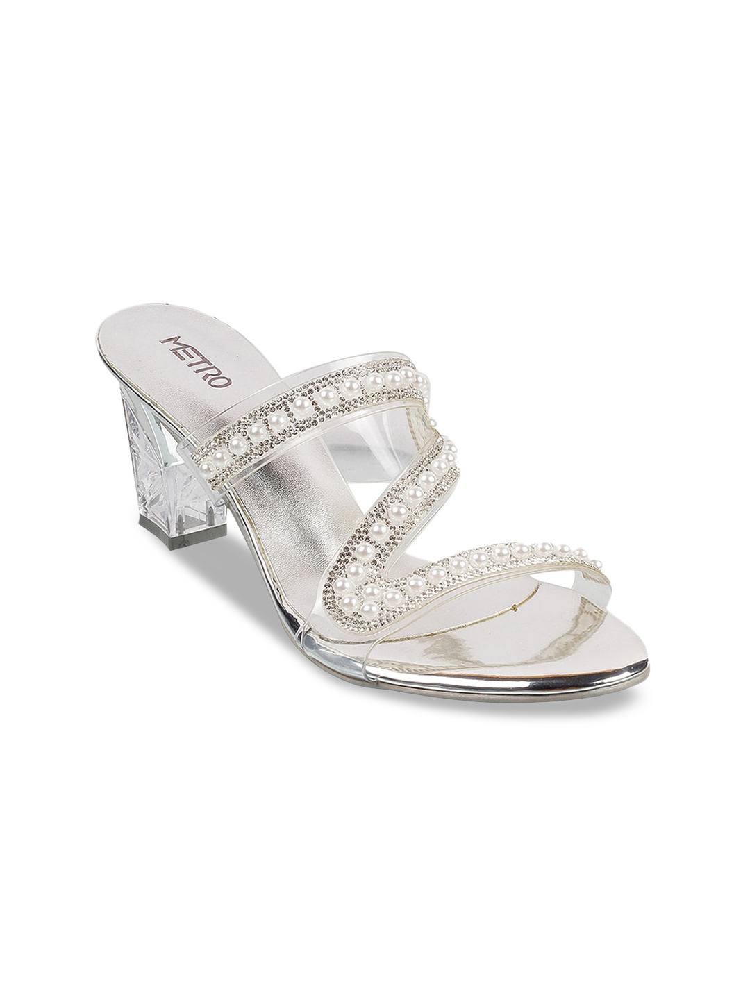 

Metro Silver-Toned & Transparent Embellished Block Sandals