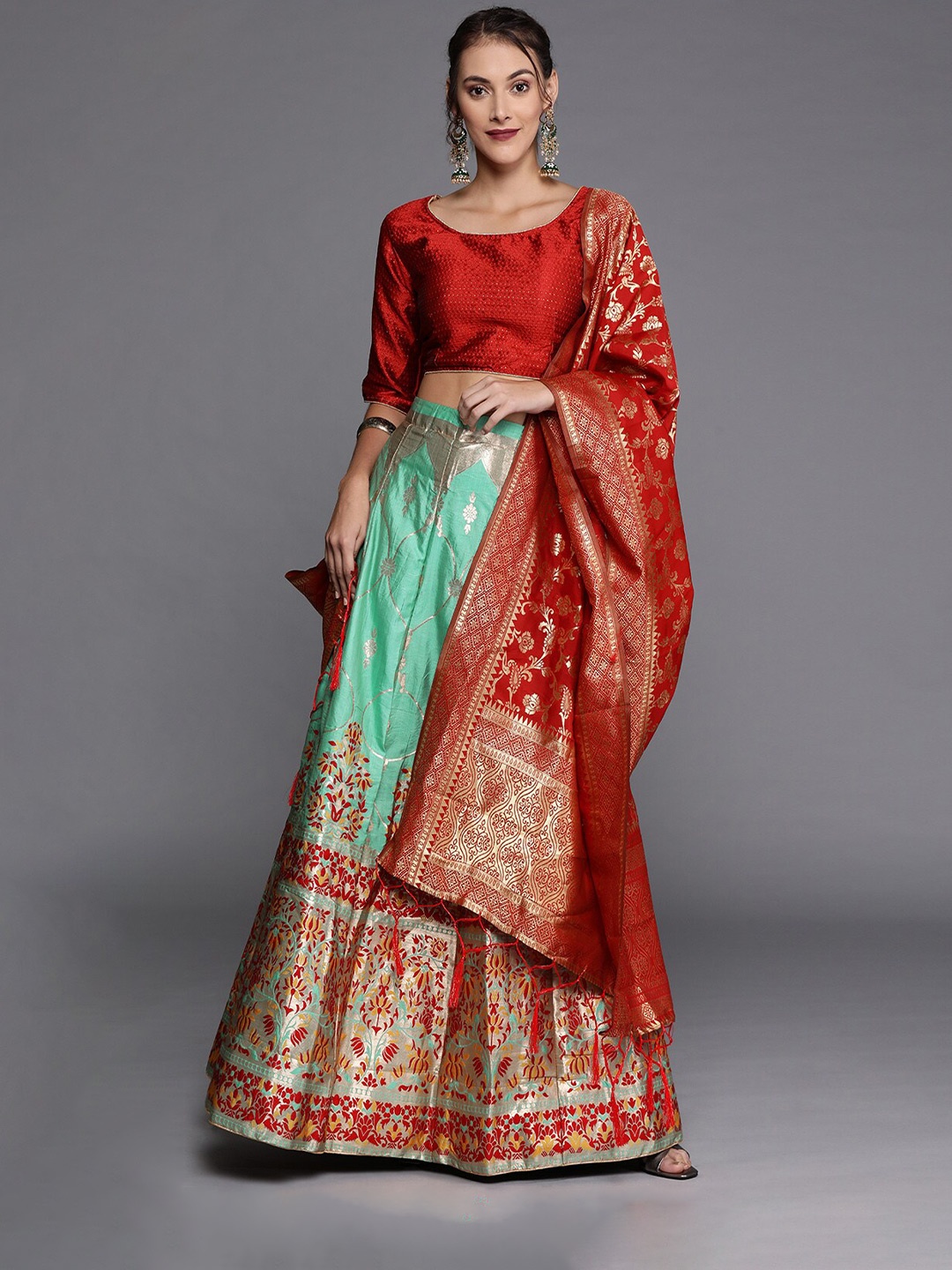 

SHADOW & SAINING Red & Green Semi-Stitched Lehenga Unstitched Blouse With Dupatta
