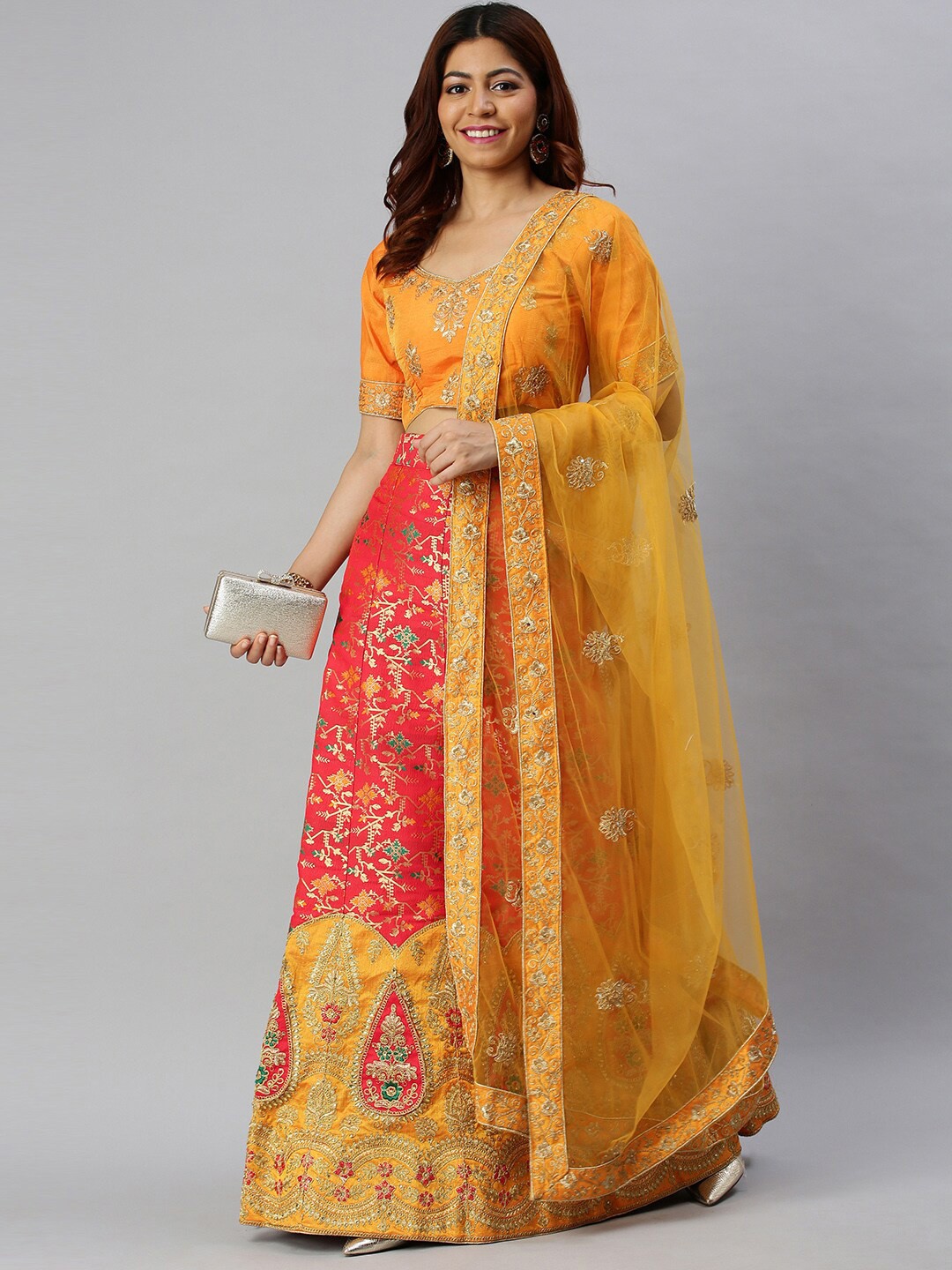 

SHADOW & SAINING Red & Yellow Embroidered Semi-Stitched Lehenga Unstitched Blouse With Dupatta