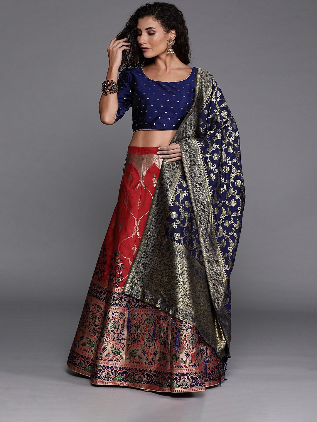 

SHADOW & SAINING Red & Navy Blue Semi-Stitched Lehenga Unstitched Blouse With Dupatta