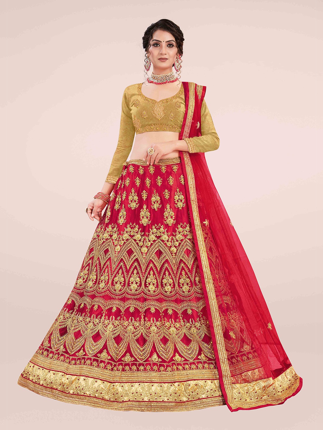 

SHADOW & SAINING Red & Gold-Toned Embroidered Semi-Stitched Lehenga Unstitched Blouse With Dupatta