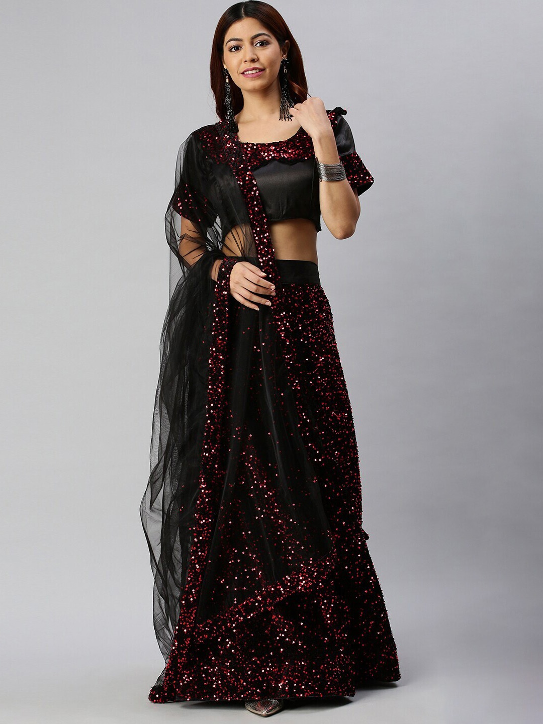 

SHADOW & SAINING Black & Red Embellished Sequinned Semi-Stitched Lehenga Unstitched Blouse With Dupatta