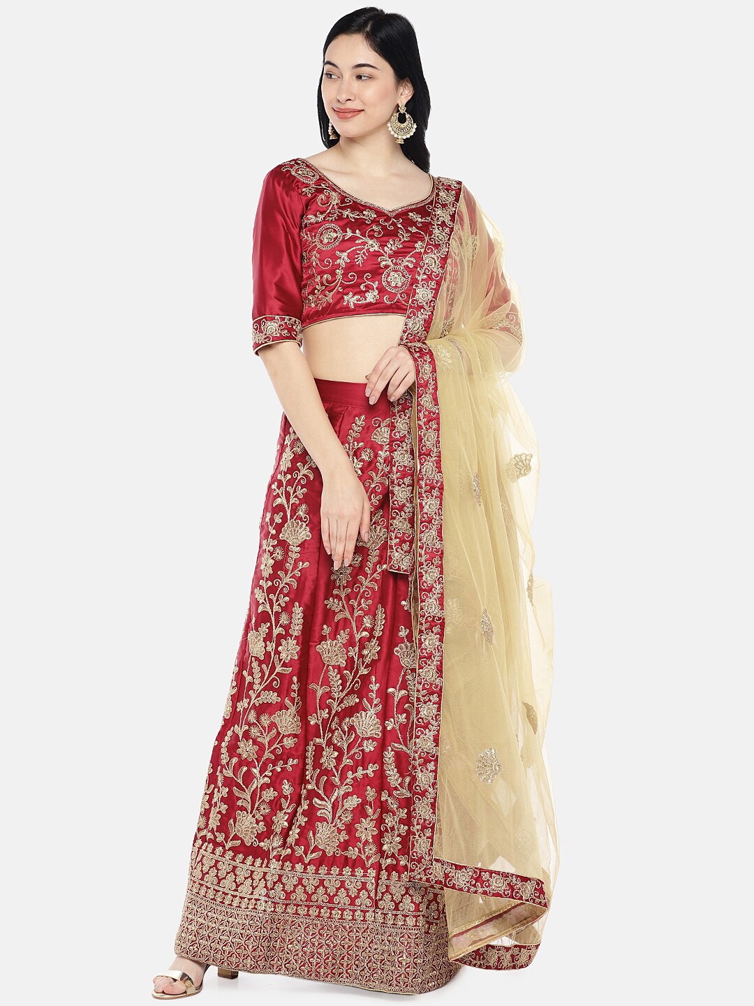 

SHADOW & SAINING Maroon & Cream-Coloured Embroidered Semi-Stitched Lehenga With Dupatta