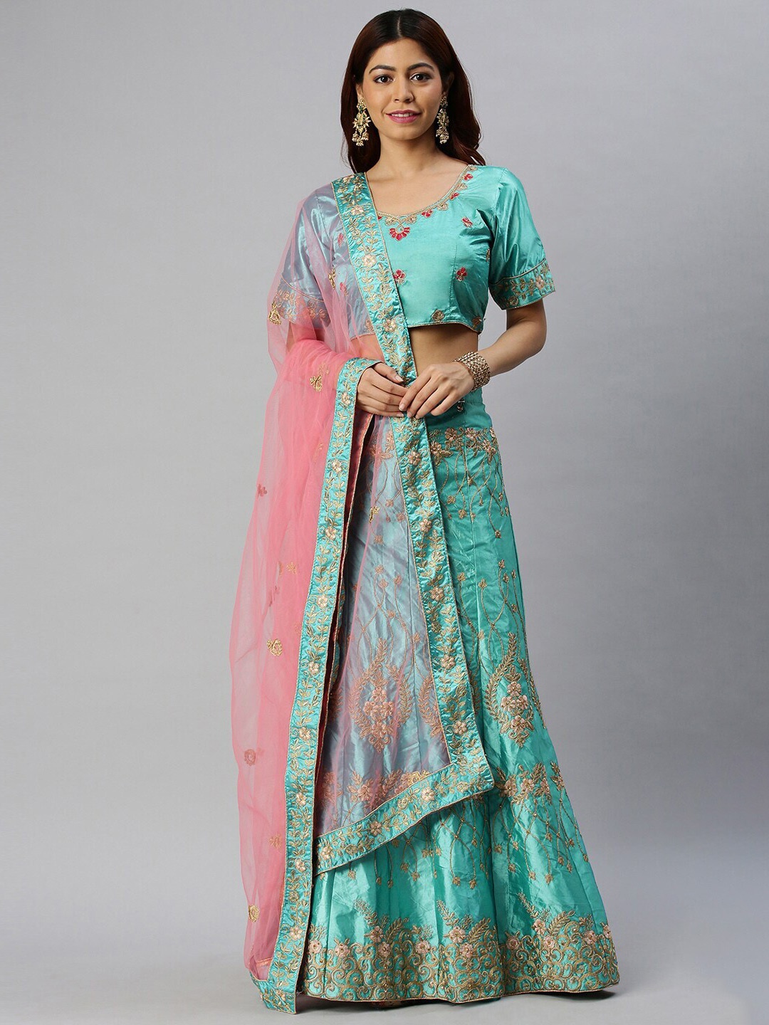 

SHADOW & SAINING Blue & Peach-Coloured Embroidered Semi-Stitched Lehenga With Dupatta