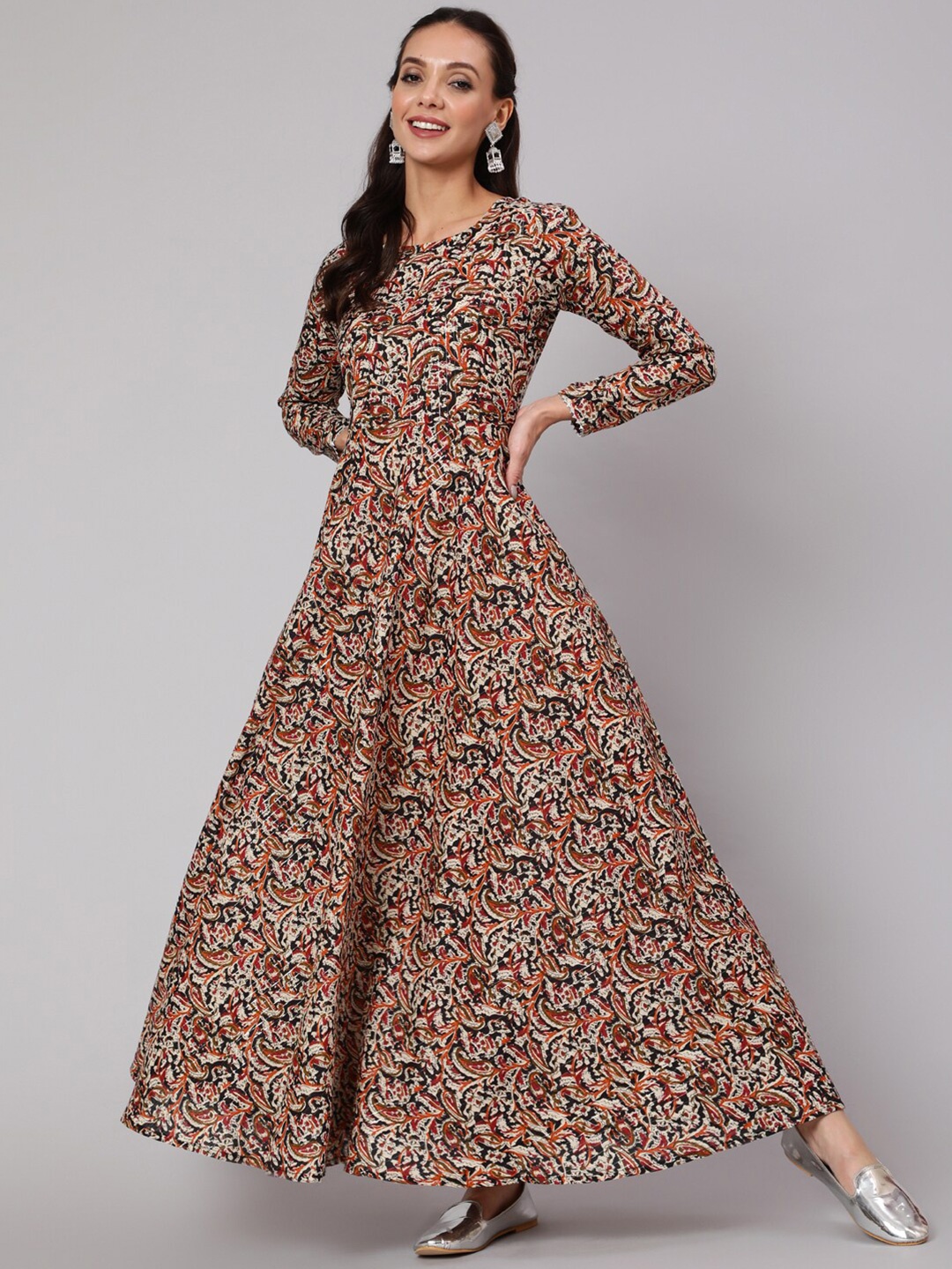 

Nayo Women Cream & Orange Ethnic Motifs Printed Maxi Dress