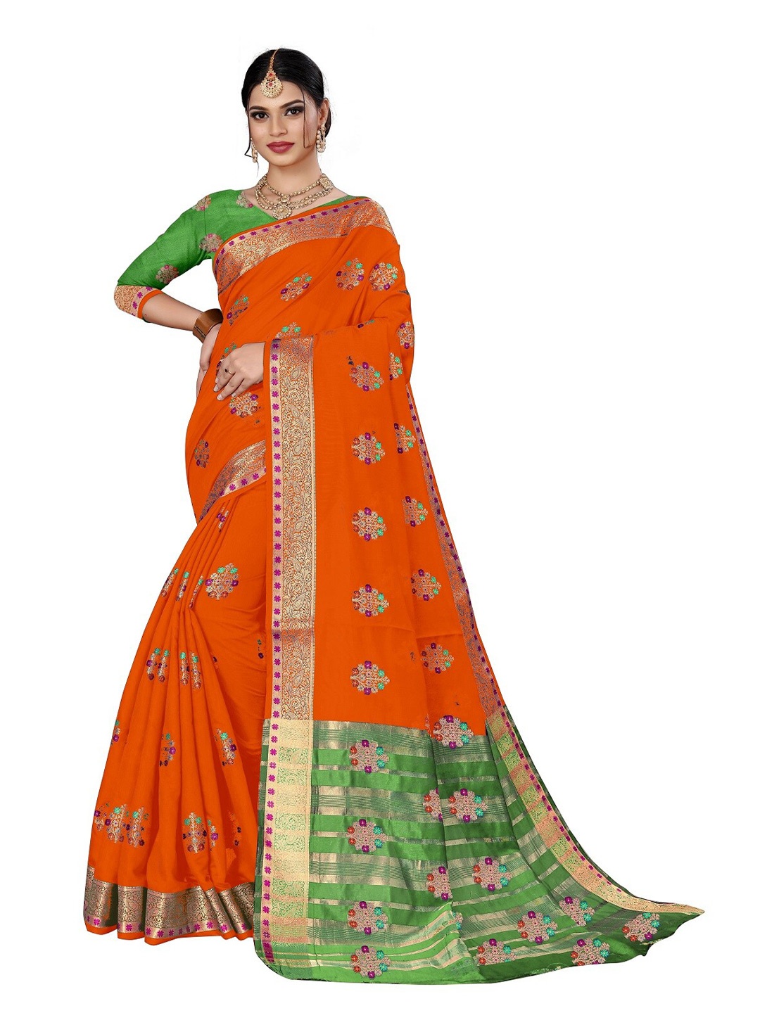 

Rivana Orange & Green Woven Design Zari Pure Cotton Chanderi Saree