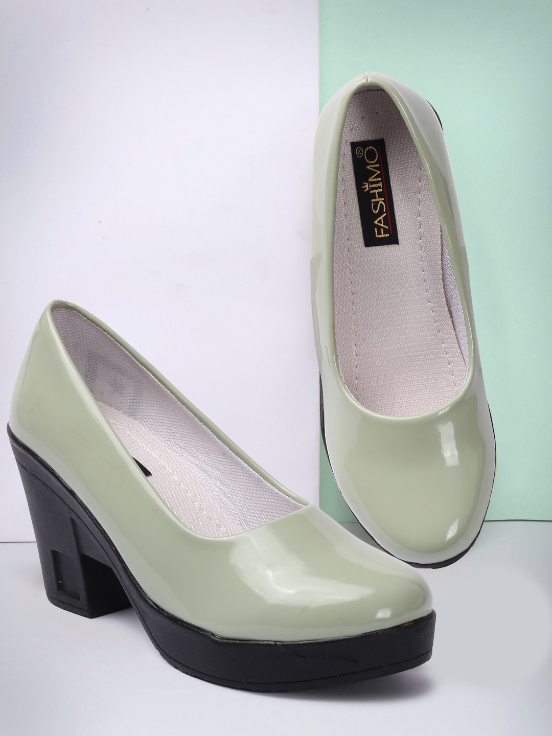 

FASHIMO Round Toe Block Pumps, Sea green