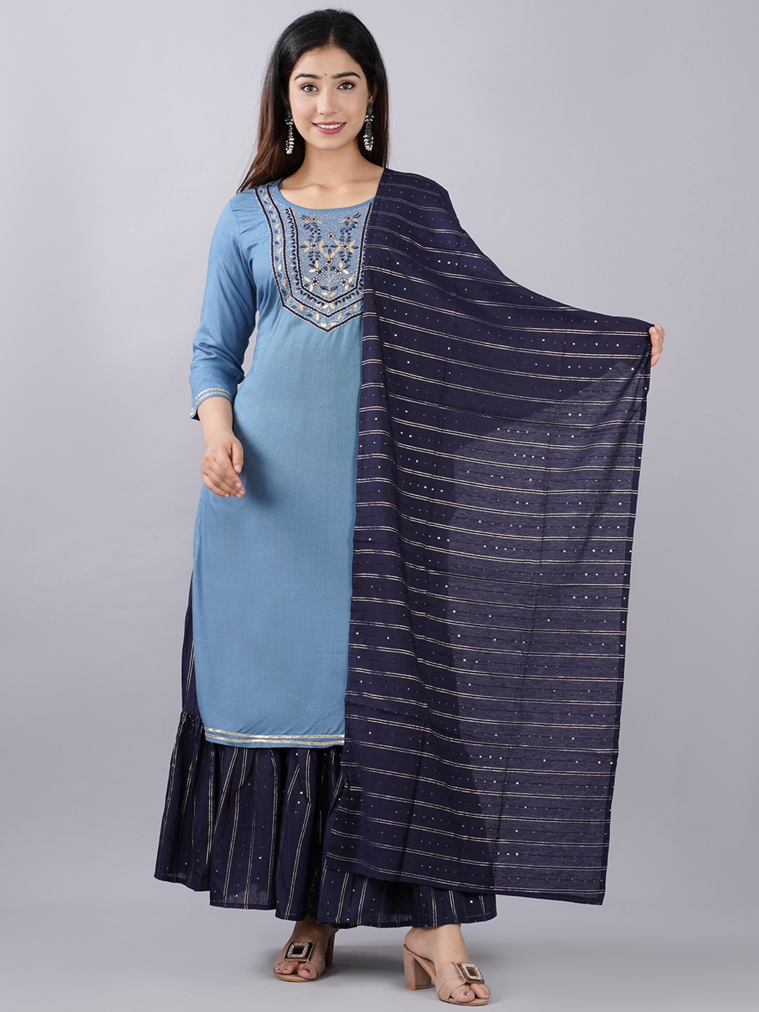 

KALINI Women Blue Yoke Design Gotta Patti Kurta with Sharara & Dupatta