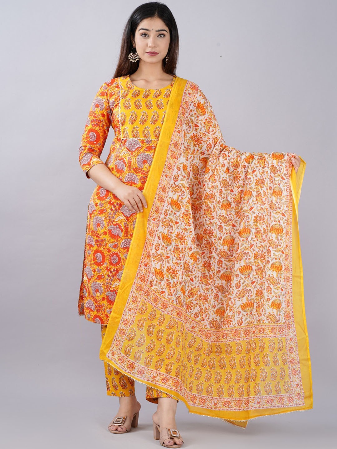 

KALINI Women Yellow Ethnic Motifs Printed Pure Cotton Kurta with Trousers & Dupatta