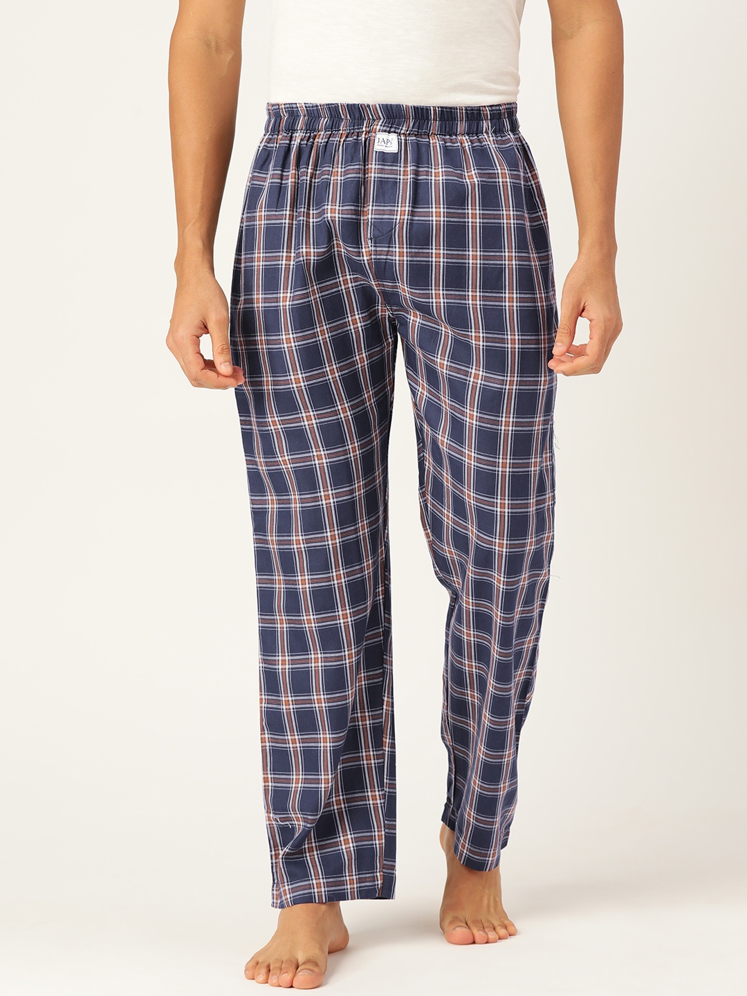 

JAPS Men Navy Blue & Orange Checked Cotton Lounge Pants