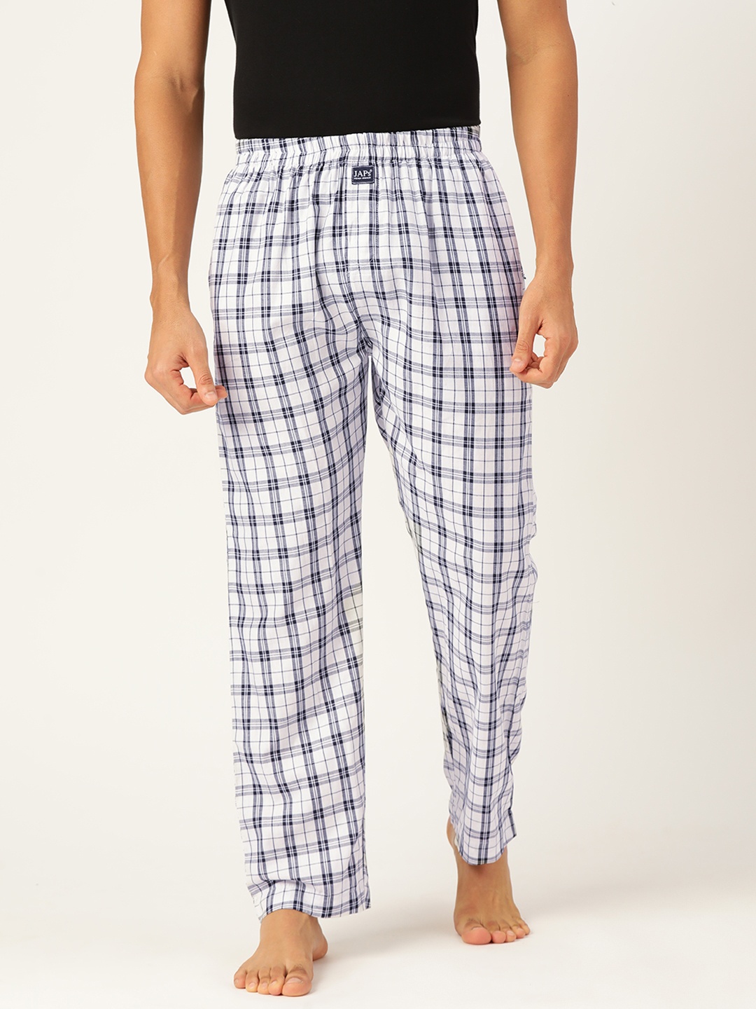 

JAPs Men Men Black & Navy Blue Checked Premium Cotton Lounge Pants, White