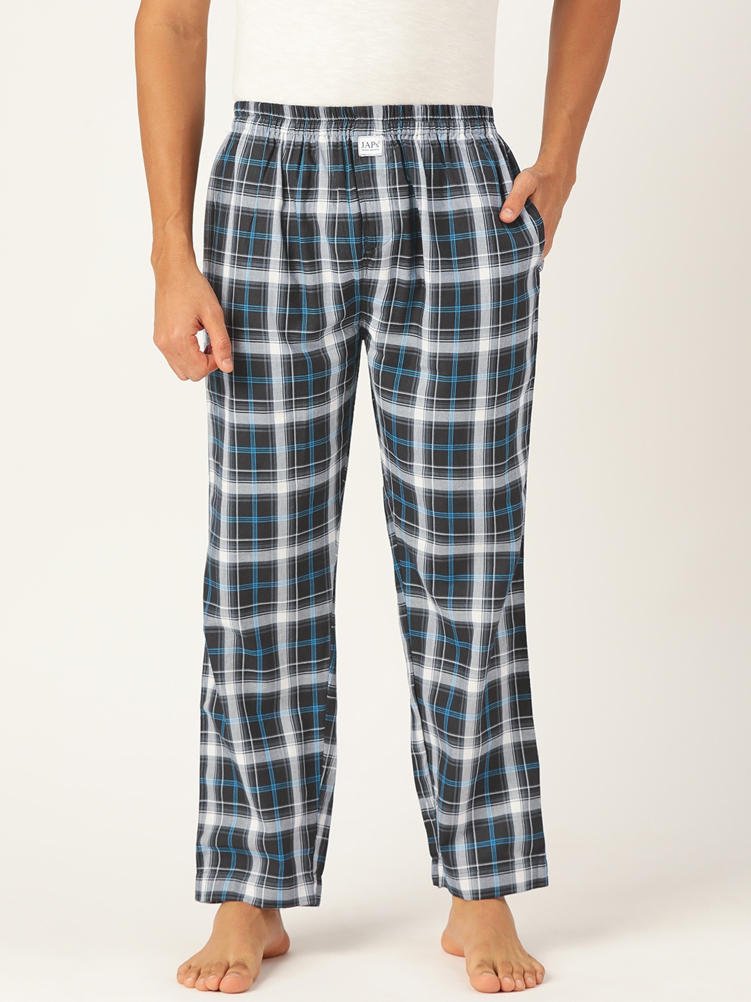 

JAPs Men Men Black & Navy Blue Checked Premium Cotton Lounge Pants, White