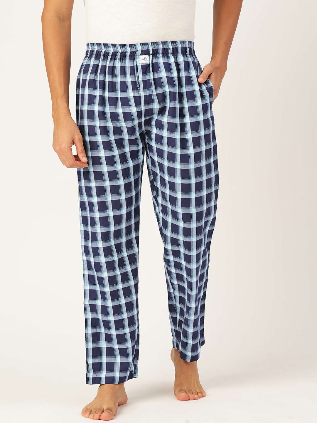 

JAPS Men Black & Navy Blue Checked Premium Cotton Lounge Pants, White