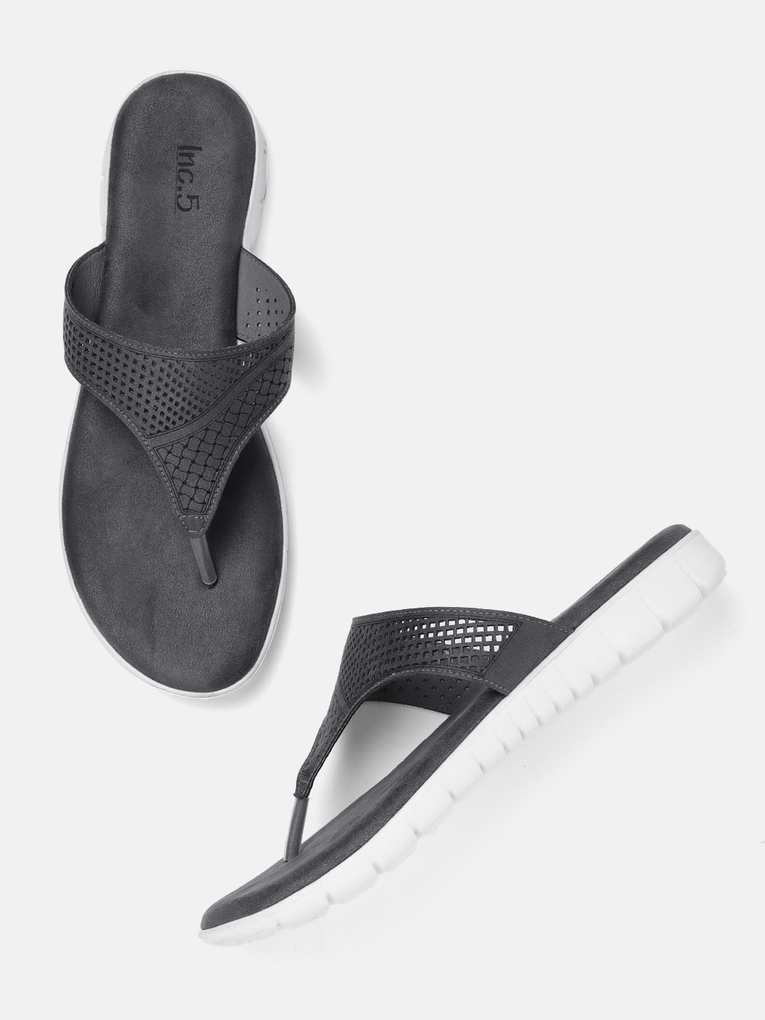 

Inc 5 Women Grey Comfort Sandals with Laser Cuts, Charcoal